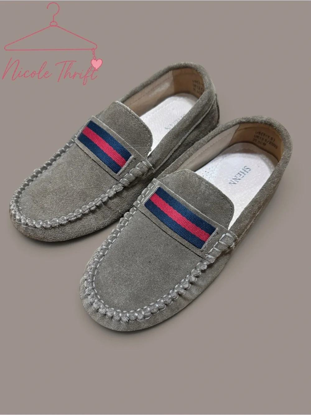 SHENN Boys Olive Taupe Suede Moccasin Loafers Size 1-1.5